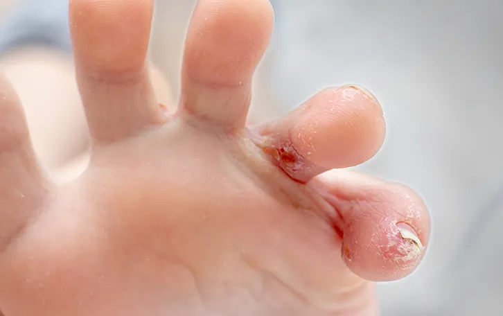 Trockene Haut mit offene Stellen an kleinen Zehen eines linken Fuss