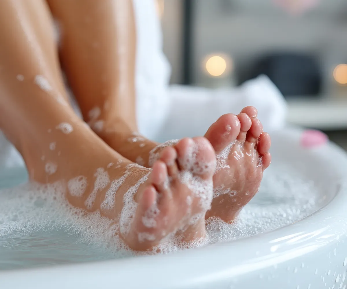 Füße in einer Wann mit Seifenwasser drum herum