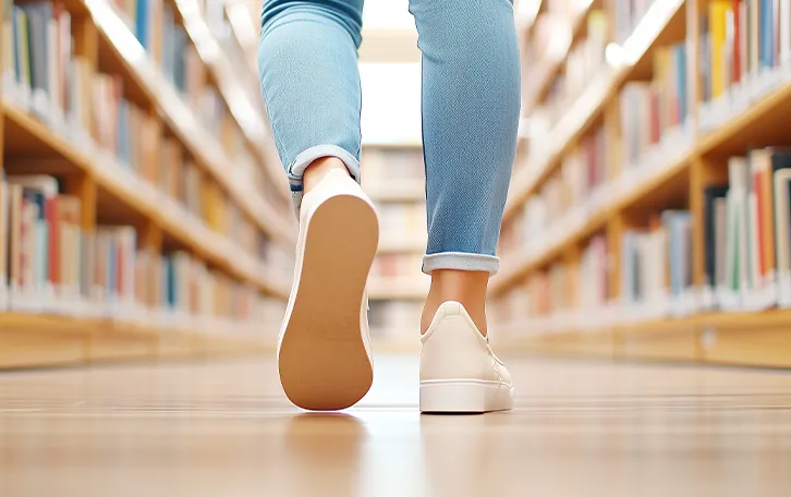 Eine weibliche Person geht durch einen Gang einer Bibliothek