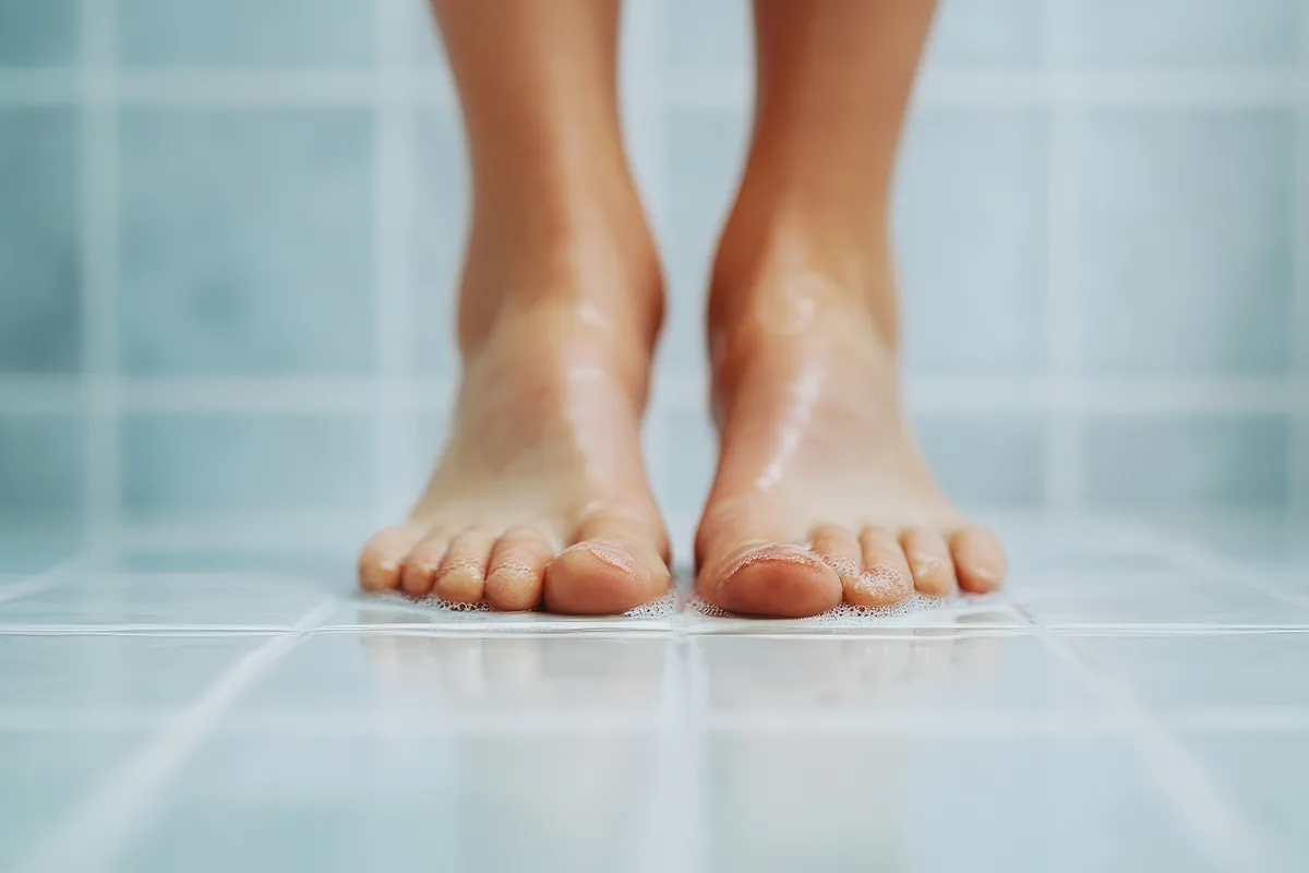 Nachaufnahme von vorne von nackten Füssen mit leicht seifigem Wasser drum herum