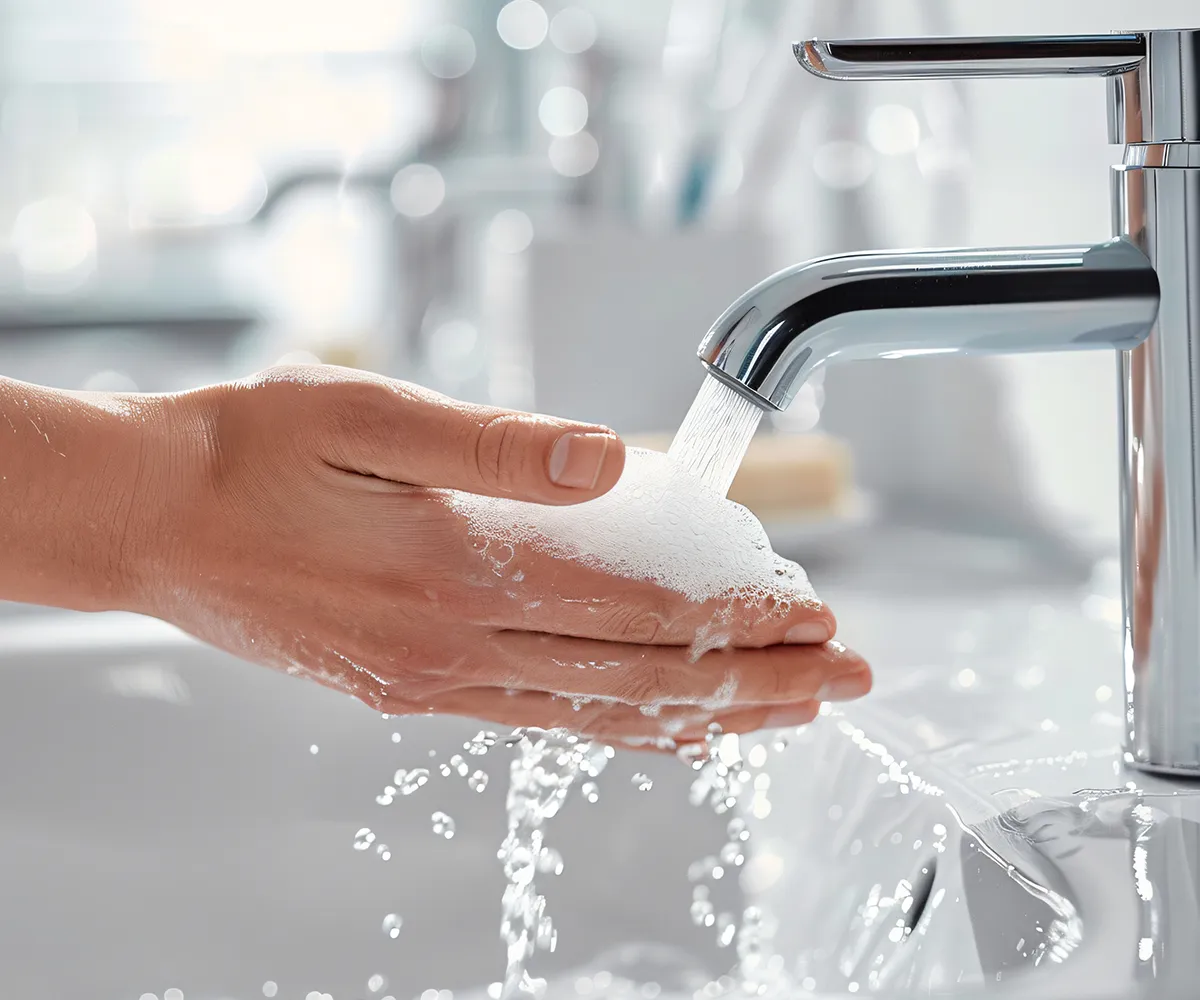 Hände beim Waschen unter einem Wasserhahn mit Seifeblasen
