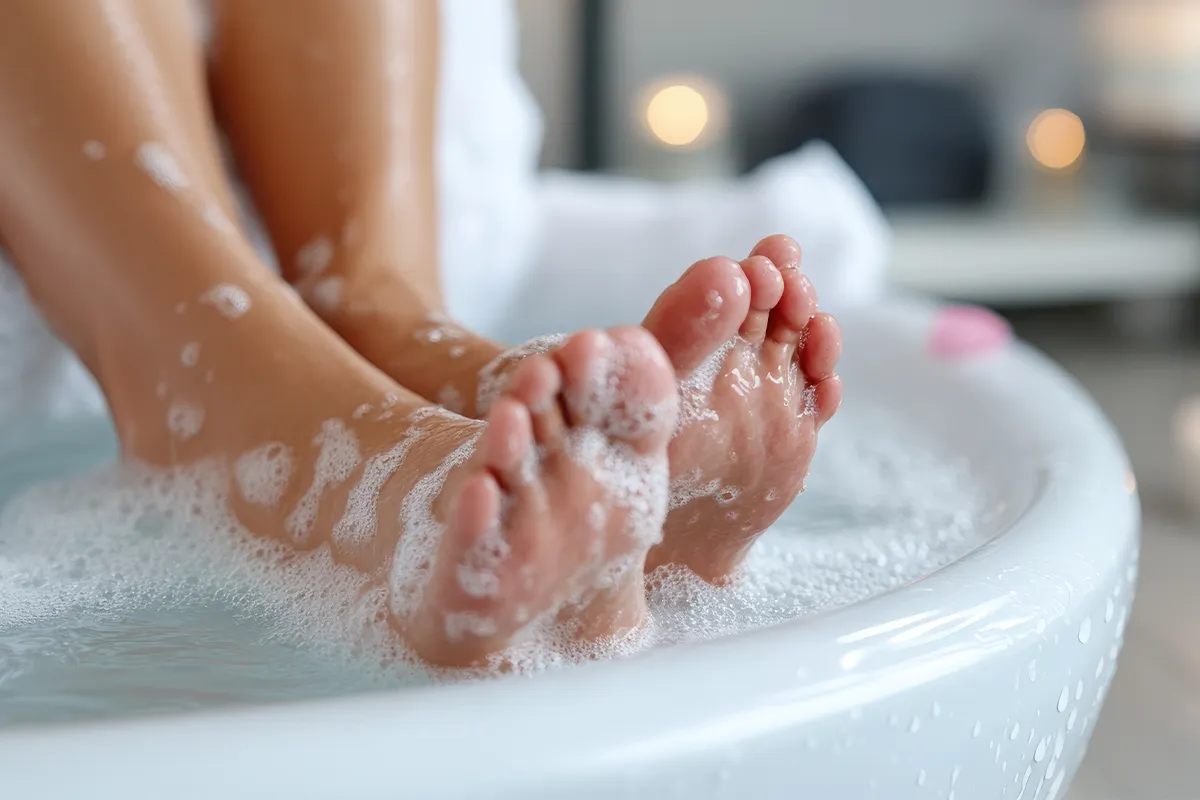 Füße in einer Wann mit Seifenwasser drum herum