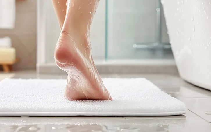 Eine Person vor einer Badewann mit Wassertropfen auf den Unterbeinen und der Wanne und auf dem Boden