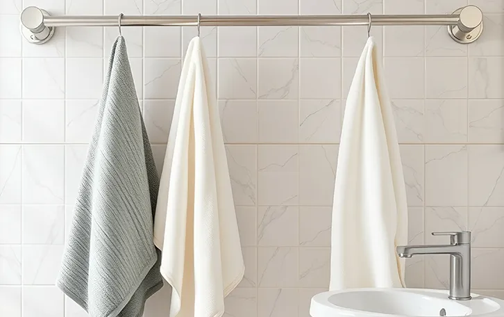 Handtücher an Haken auf einer Stange an einer gekachelten Wand. Im Vordergrund ist ein Waschbecken