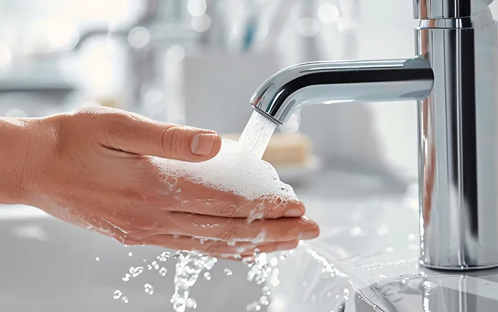 Hände beim Waschen unter einem Wasserhahn mit Seifeblasen